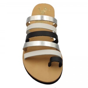 ΓΥΝΑΙΚΕΙΟ ΔΕΡΜΑΤΙΝΟ FLAT ΣΑΝΔΑΛΙ ΜΑΥΡΟ-ΑΣΗΜΙ-ΛΕΥΚΟ ΑΣΠΙΔΑ